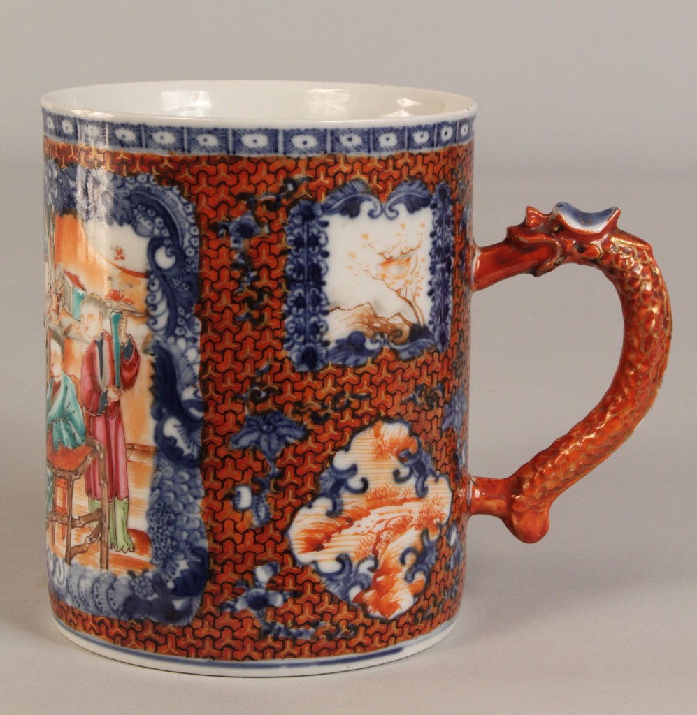 Lot 446: Chinese Export Mug or Tankard, Clobbered style