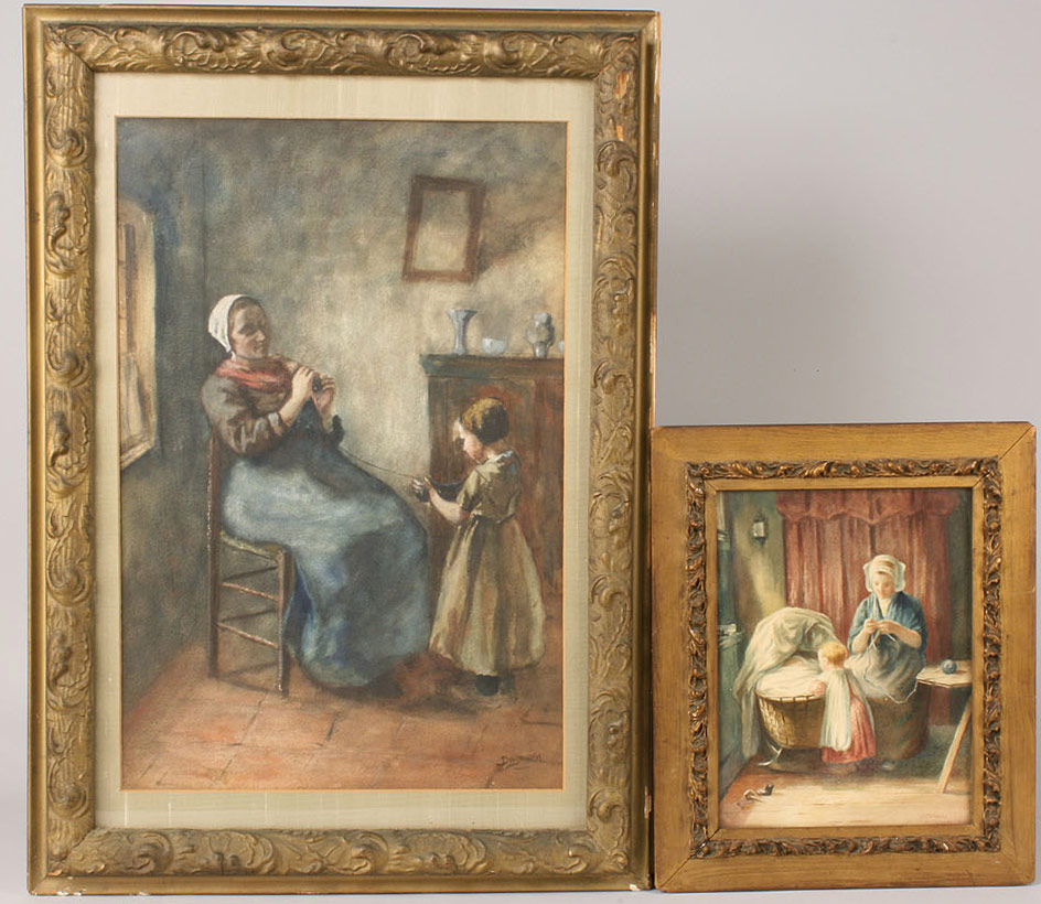 Lot 454: Two European watercolors, mothers and children