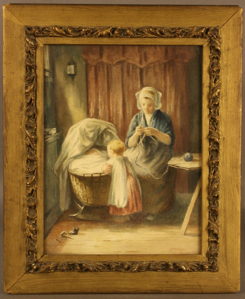 Lot 454: Two European watercolors, mothers and children