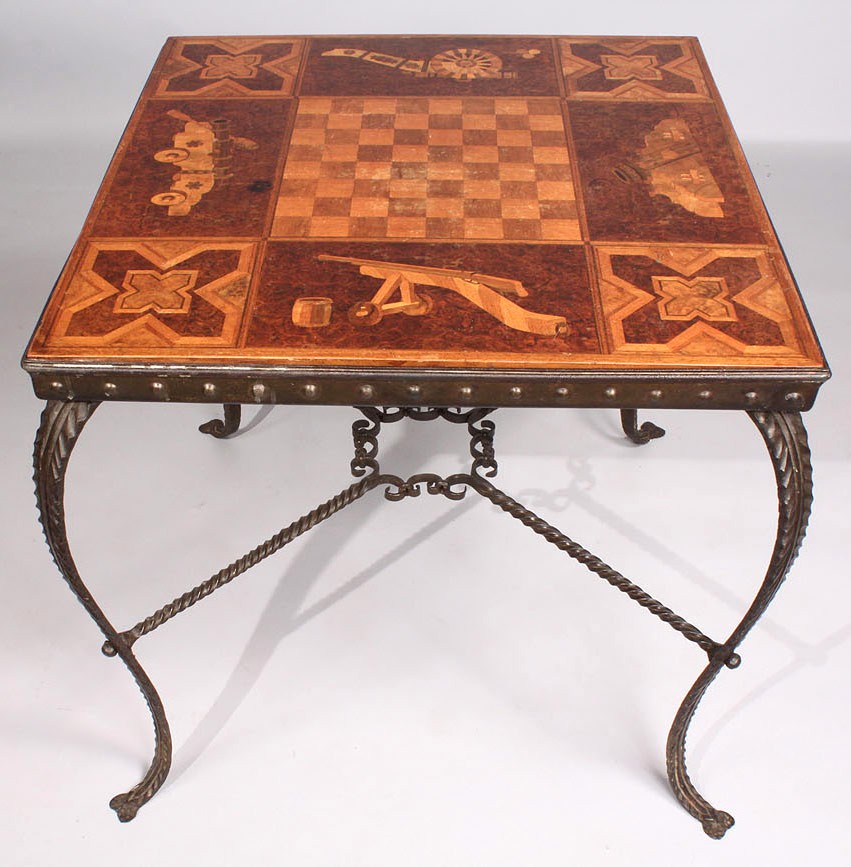 Lot 45: Inlaid Marquetry Game Table with Iron Base