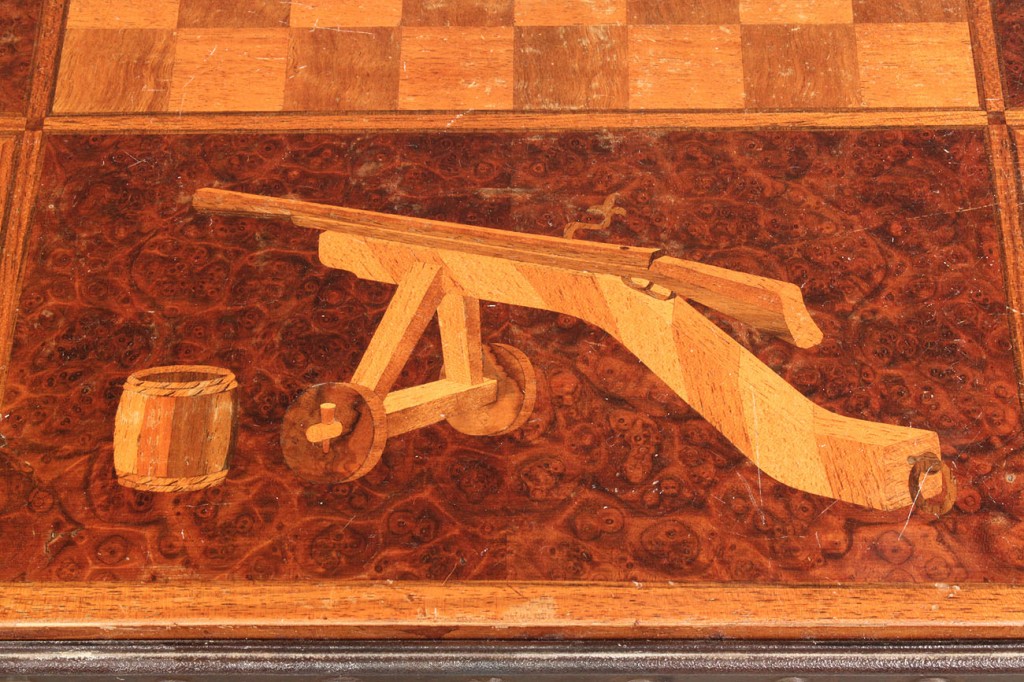 Lot 45: Inlaid Marquetry Game Table with Iron Base