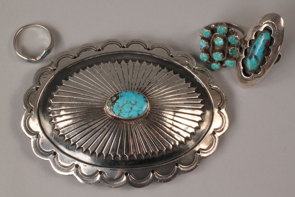 Lot 499: Navajo silver and turquoise buckle and rings, 4 pc
