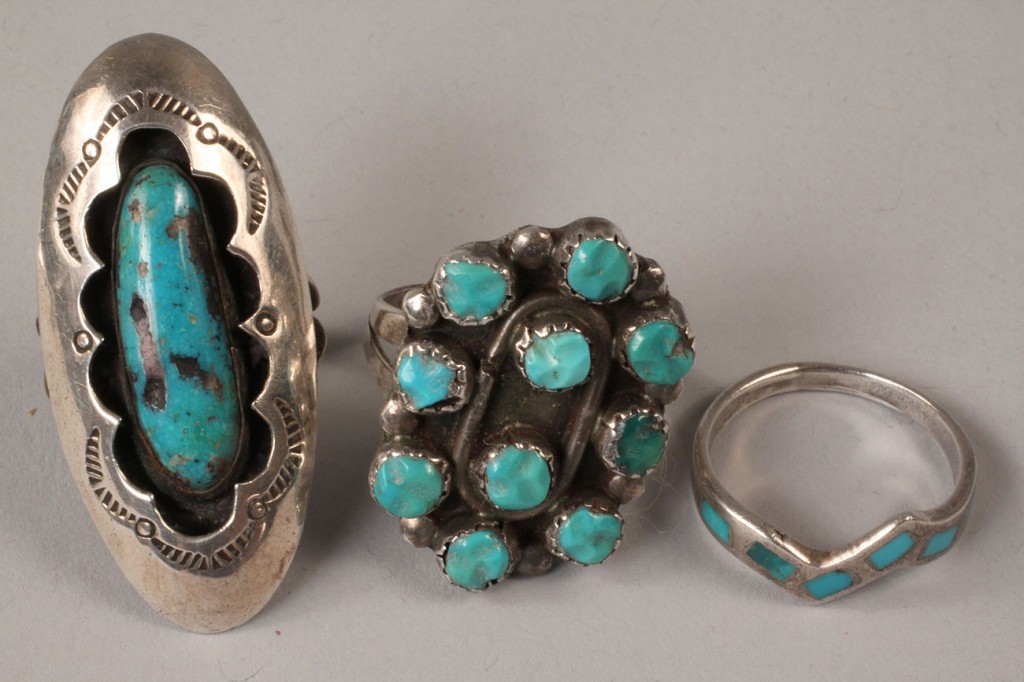 Lot 499: Navajo silver and turquoise buckle and rings, 4 pc