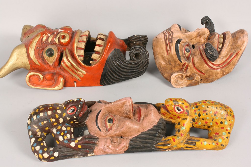 Lot 502: 3 Mexican Folk Art Diablo Masks, various figures