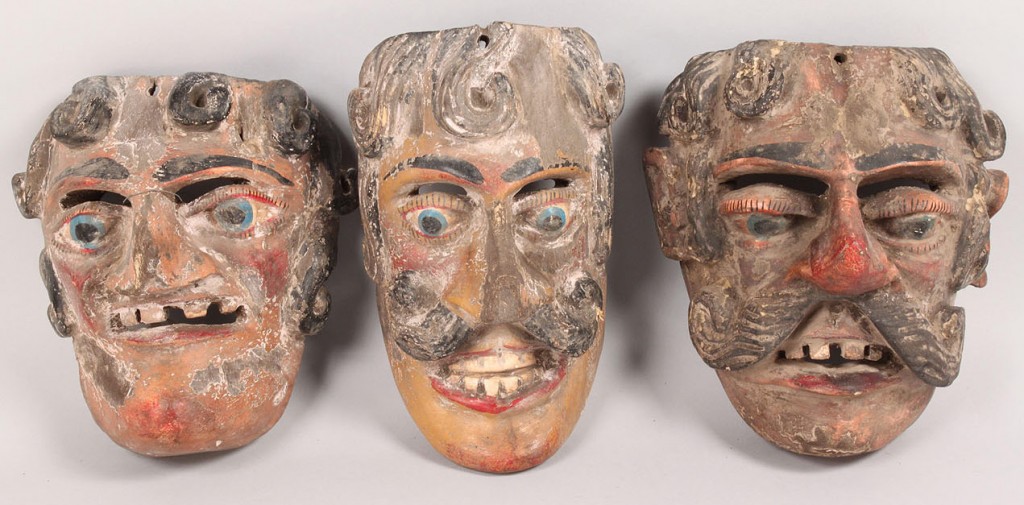 Lot 504: Lot of 3 Mexican Folk Art Dance Masks, male human