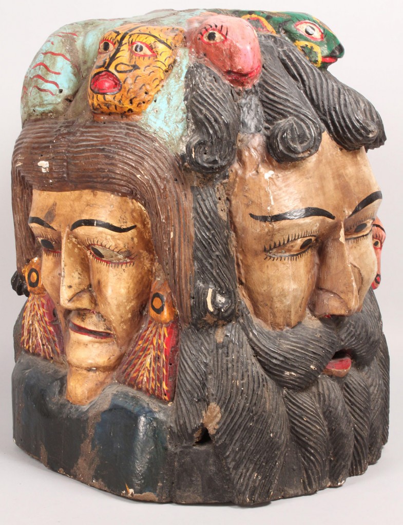Lot 513: Mexican Folk Art Helmet, Four Faces
