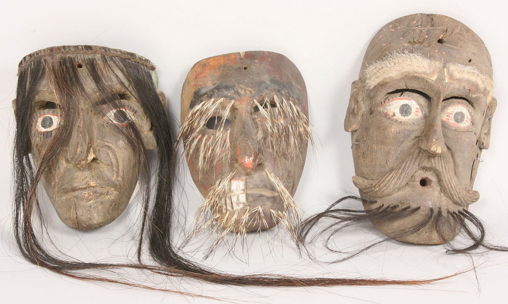 Lot 514: 3 Mexican Folk Art masks with gray paint