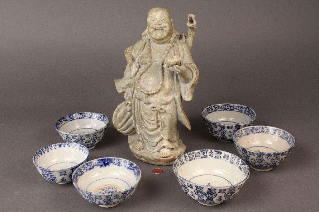 Lot 548: Assembled lot of 6 Korean bowls and Buddha Soapsto