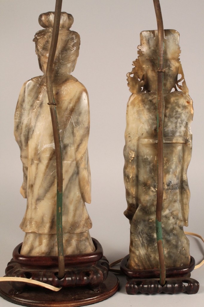 Lot 549: Pair of Carved Soapstone Oriental Lamps