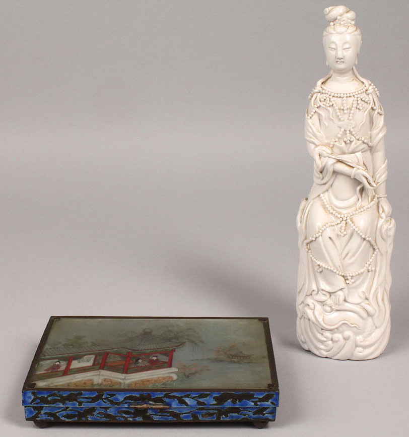 Lot 551: Asian reverse painted Glass Box & Porcelain Figure
