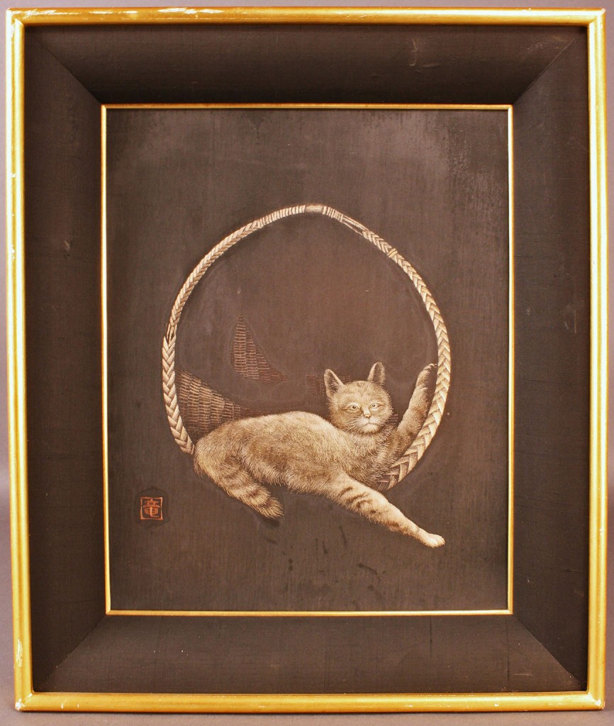 Lot 553: Japanese Silk Embroidery of Cat & 2 Woodblock Prin