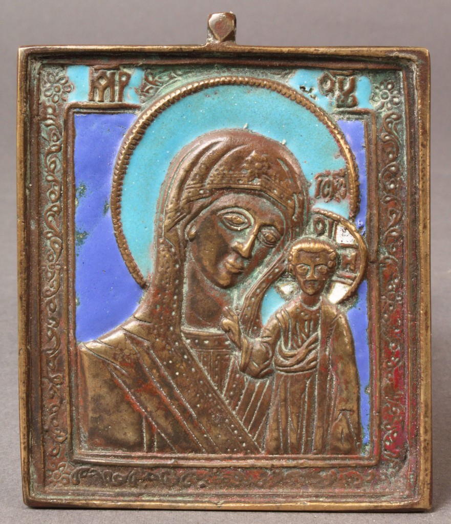Lot 567: Russian Bronze & Enamel Traveling Icon, 19th c.