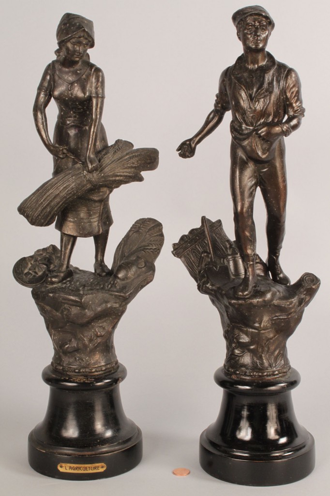 Lot 569: 19th c. repro. Morian Helmet & Pr. metal figures