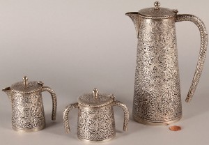 Lot 602: Persian Silver Tea Service, 3 pieces