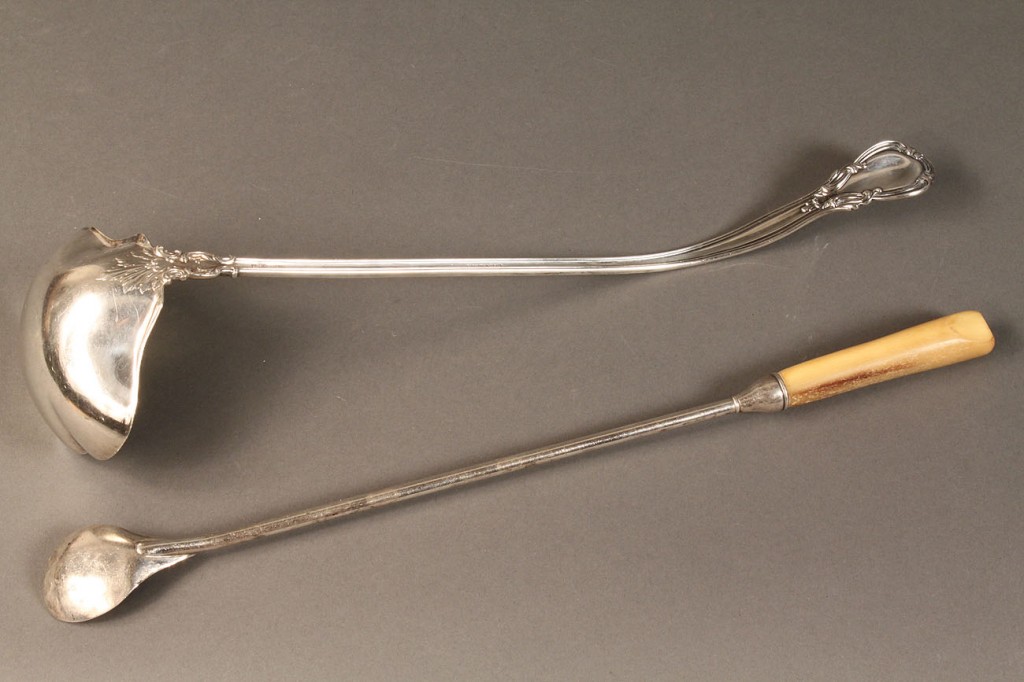 Lot 612: Silver and bone claret spoon and sterling ladle