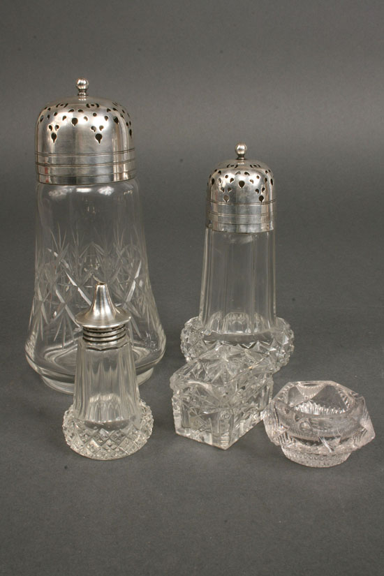 Lot 624: Silver and Glass Condiment Servers