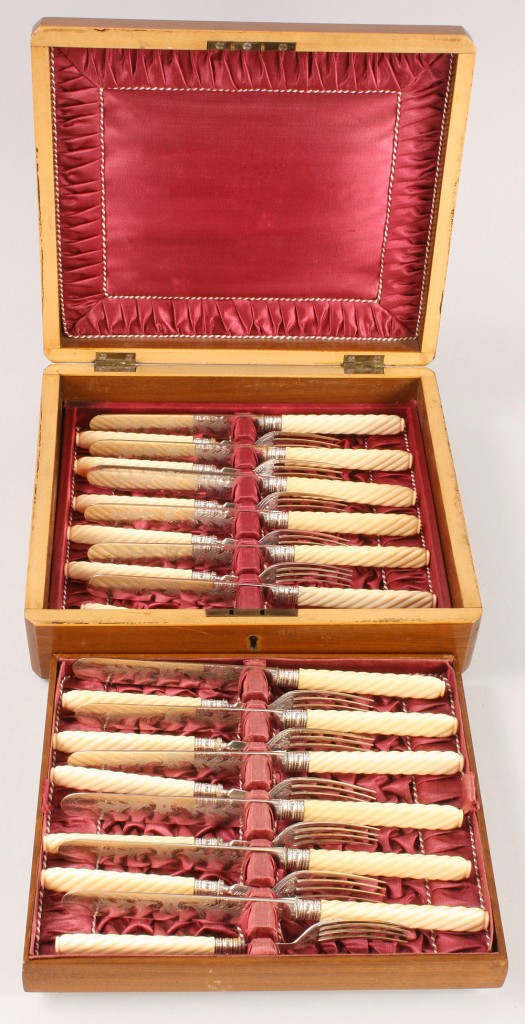 Lot 625: Cased Set of Ivory and Silverplated Flatware
