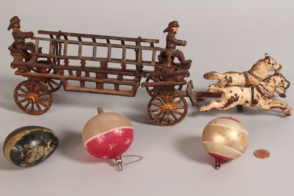 Lot 647: Cast Iron Fire Engine and Vintage Holiday Items
