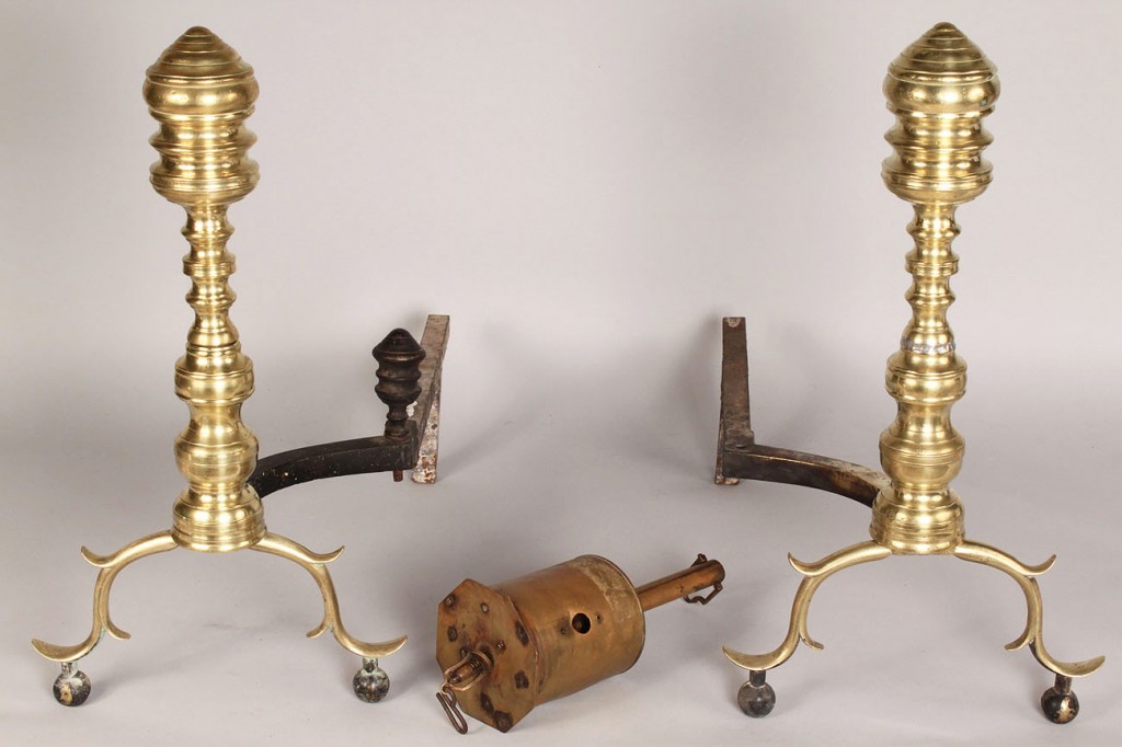 Lot 690: Federal andirons and brass roasting jack