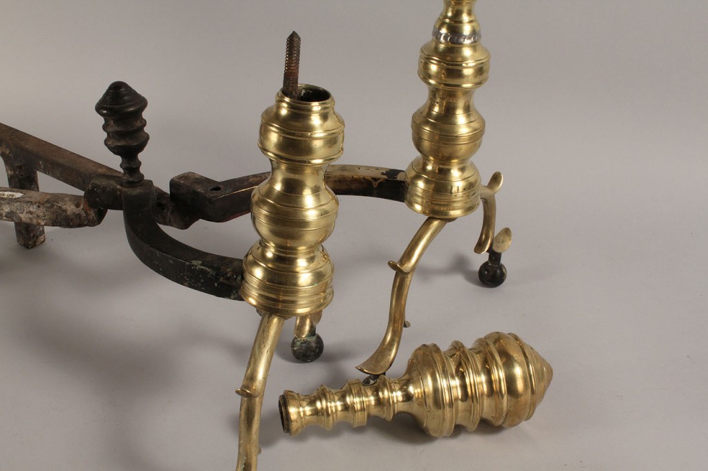 Lot 690: Federal andirons and brass roasting jack
