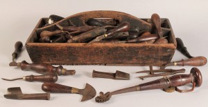 Lot 691: 19th c. Wooden Tool Caddy, with early tools