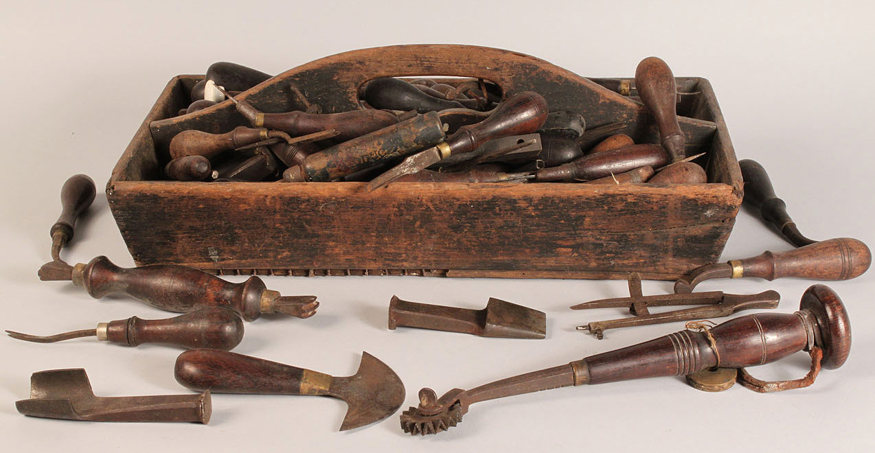 Lot 691 19th c. Wooden Tool Caddy with early tools