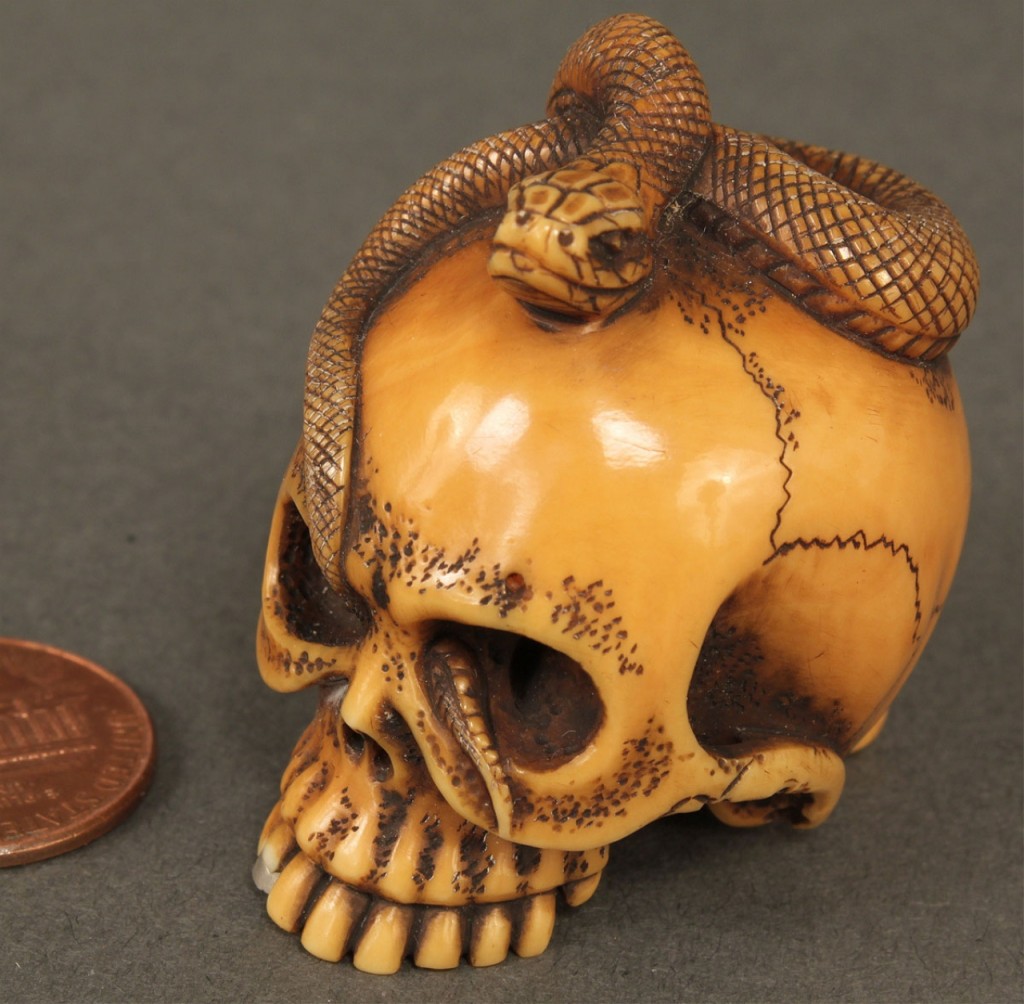Lot 11: Japanese Ivory Netsuke, Skull & Snake