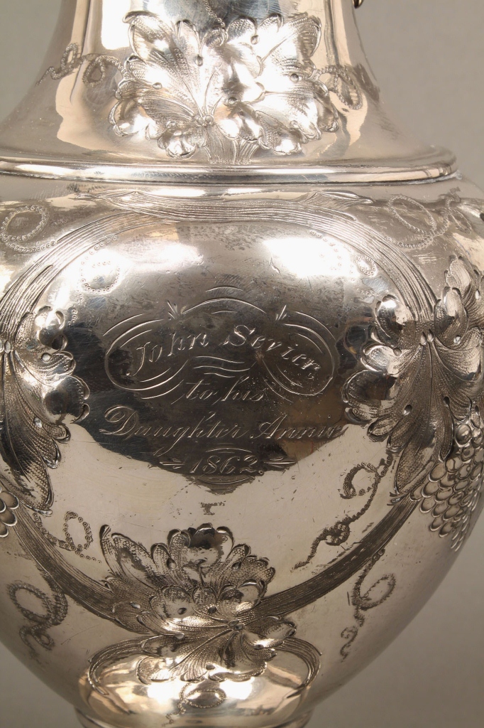 Lot 124: Coin silver mug and s/p hollowware, Sevier family