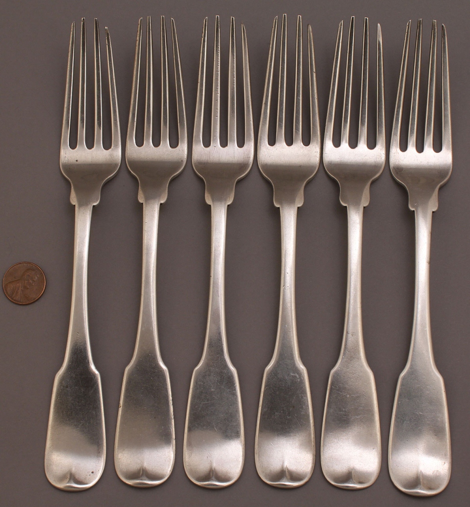 Lot 129: Six coin silver forks, J. Eyland, Charleston SC