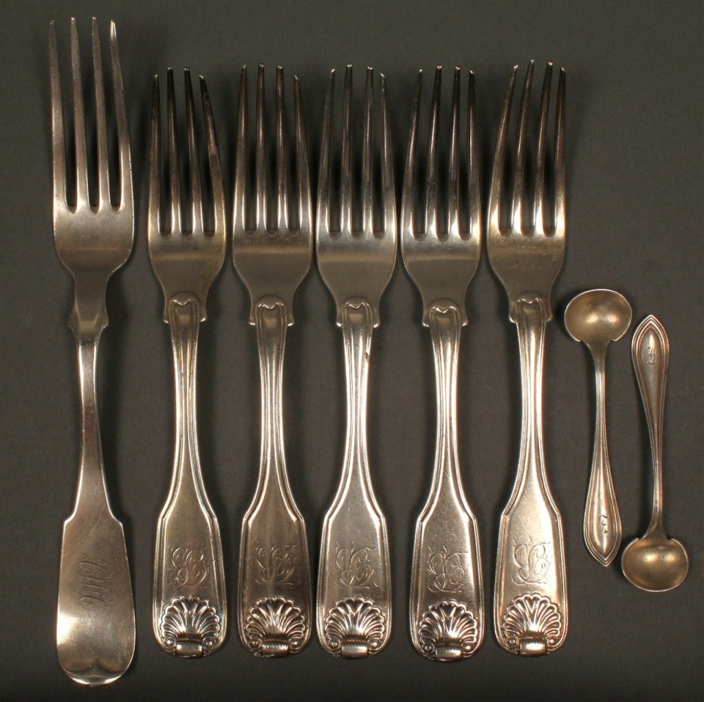 Lot 130: 8 pc silver flatware inc. MD Coin forks