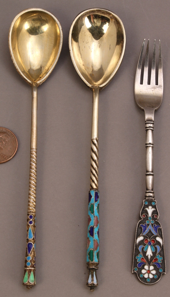 Lot 141: Russian Enameled Silver Fork and 2 spoons