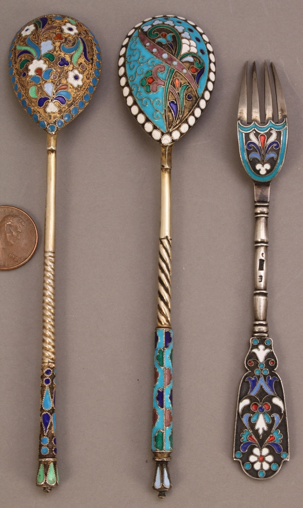 Lot 141: Russian Enameled Silver Fork and 2 spoons