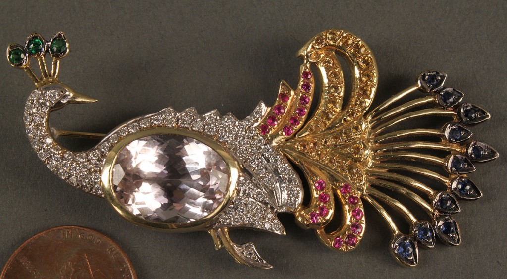 Lot 165: 14K Peacock brooch with gemstones