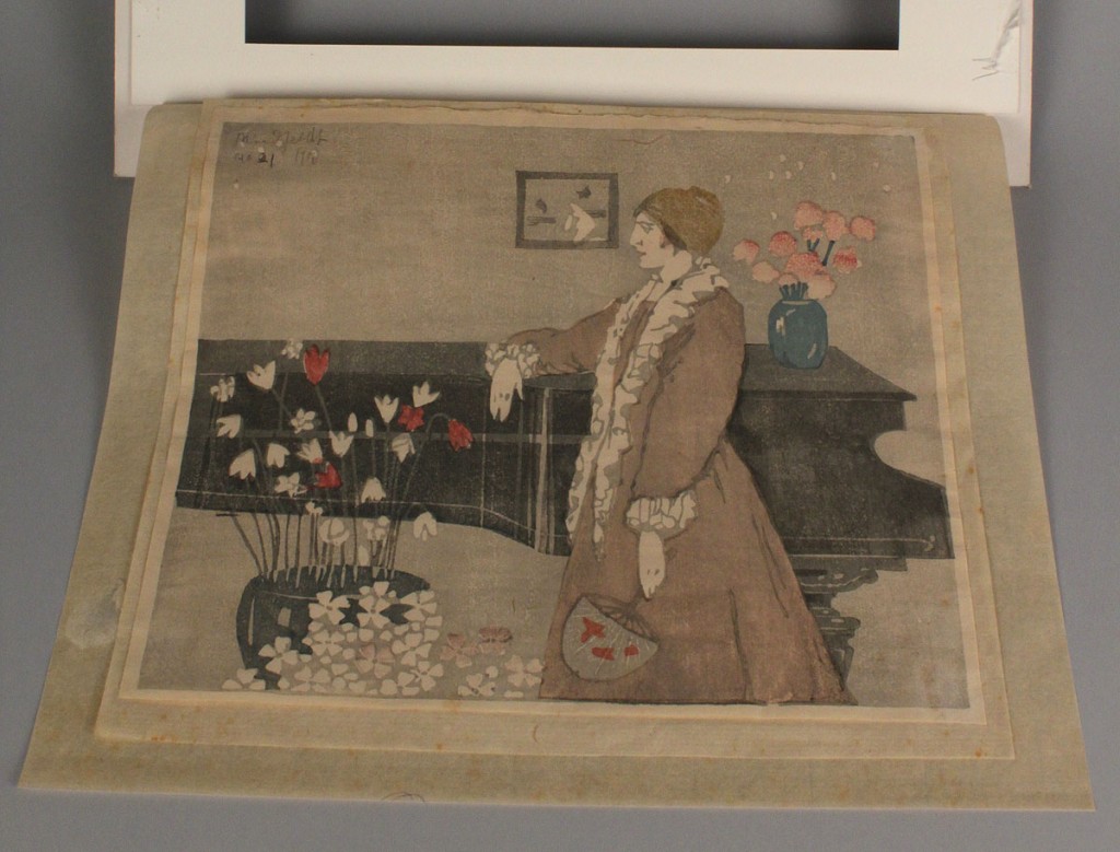 Lot 197: Bror Nordfeldt colored woodcut, Woman at Piano