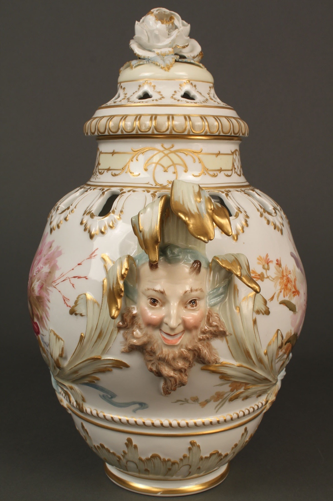 Lot 210: Porcelain KPM urn with lid and jester masks