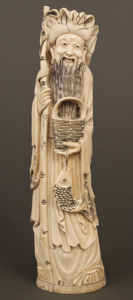 Lot 247: Chinese Carved Ivory Figure, Man w/ Basket & Fish