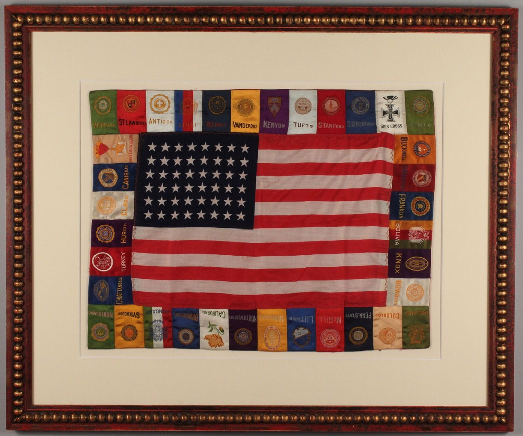 Lot 271: Framed 48 star flag with college pennants