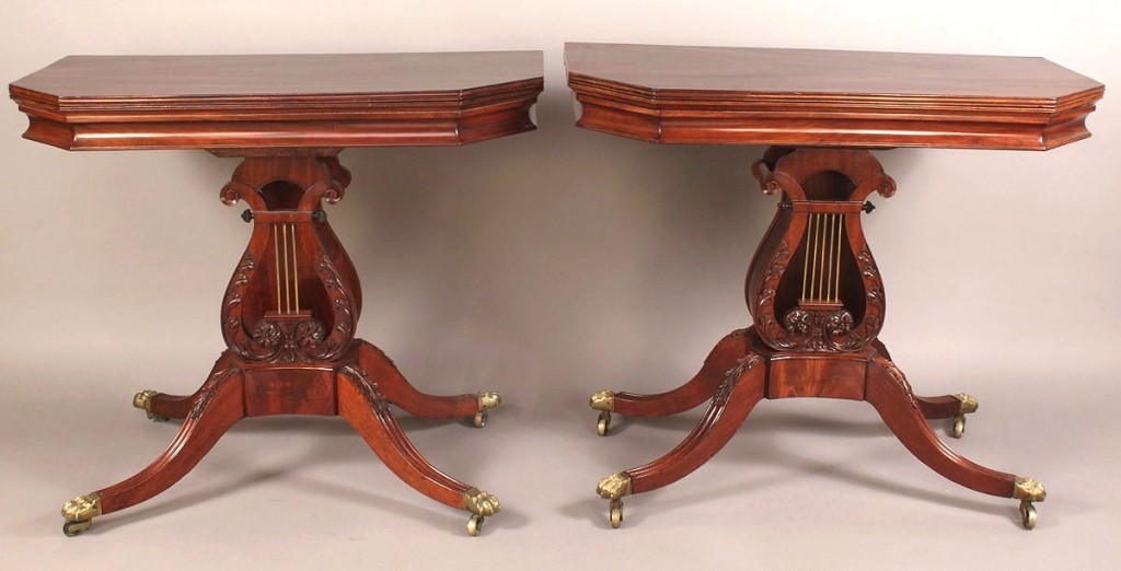 Lot 299: Associated pair of Federal Lyre form card tables