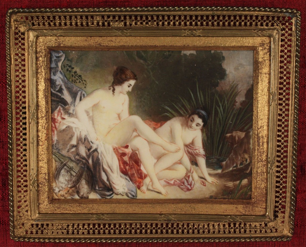 Lot 326: Miniature painting, landscape with nude figures