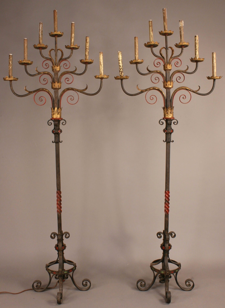 Lot 344: Pair iron torchiere lamps, manner of Oscar Bach