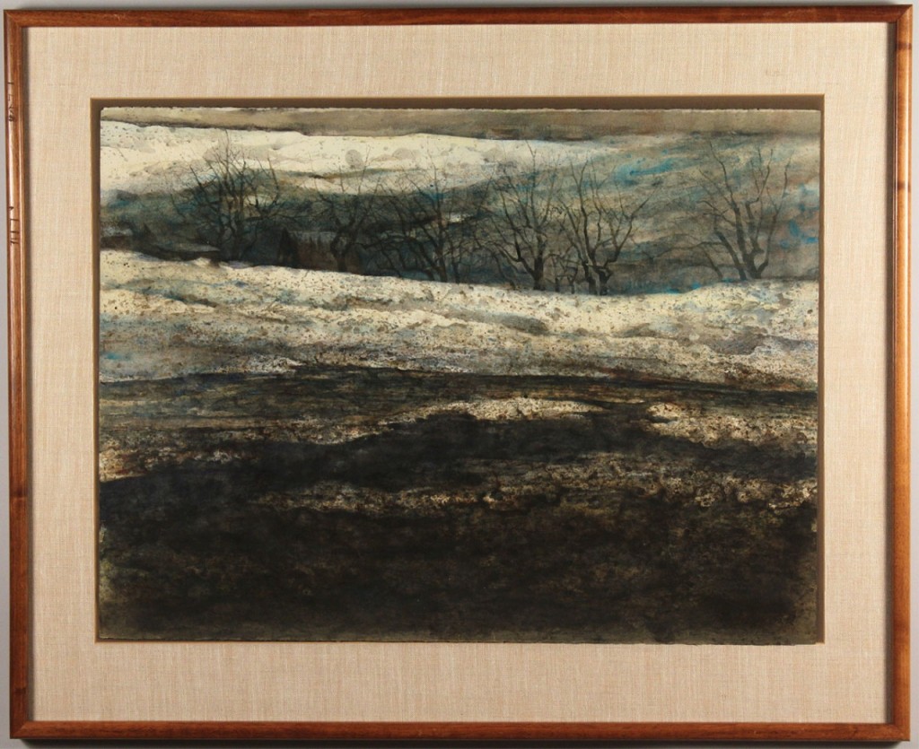 Lot 34: Carl Sublett watercolor, winter landscape