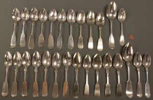 Lot 358: Lot of Assorted Coin Silver Spoons, 27 pieces
