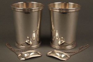 Lot 381: Pair of sterling julep cups & liquor labels