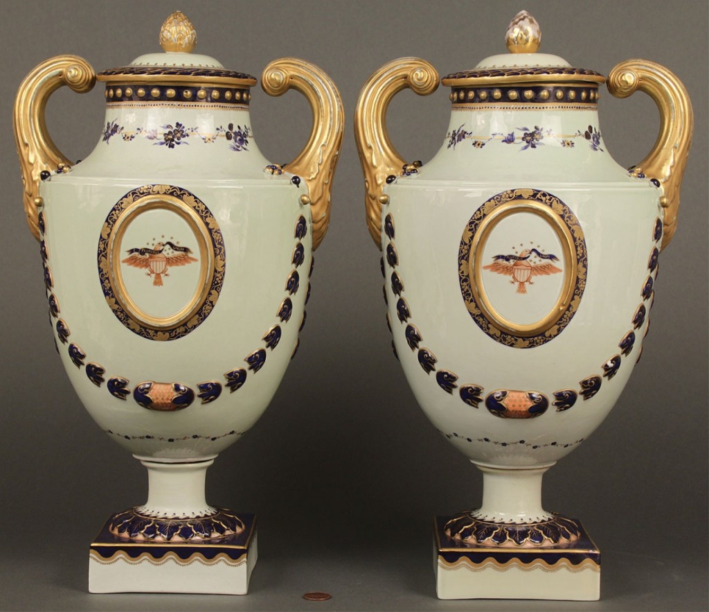 Lot 401: Pair of Chinese Export Armorial Urns