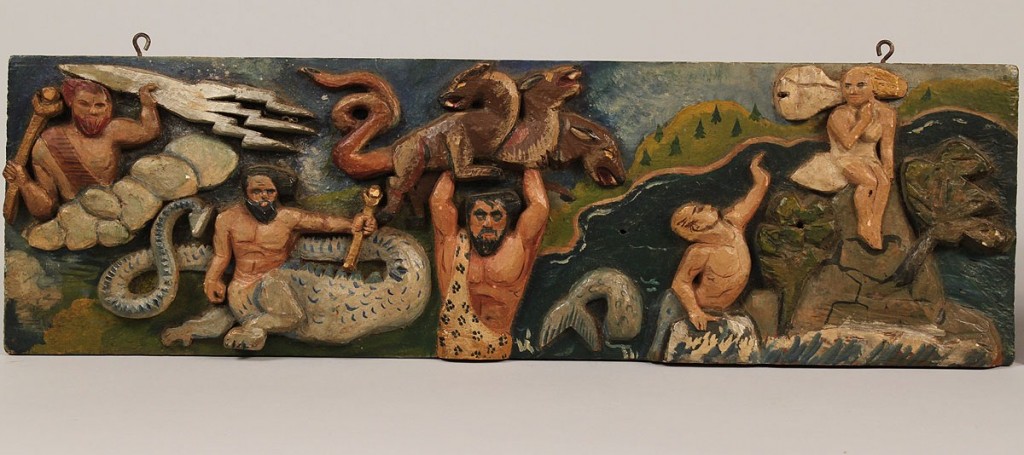 Lot 417: 2 Carved Folk Art Plaques, Righteous Ray artist