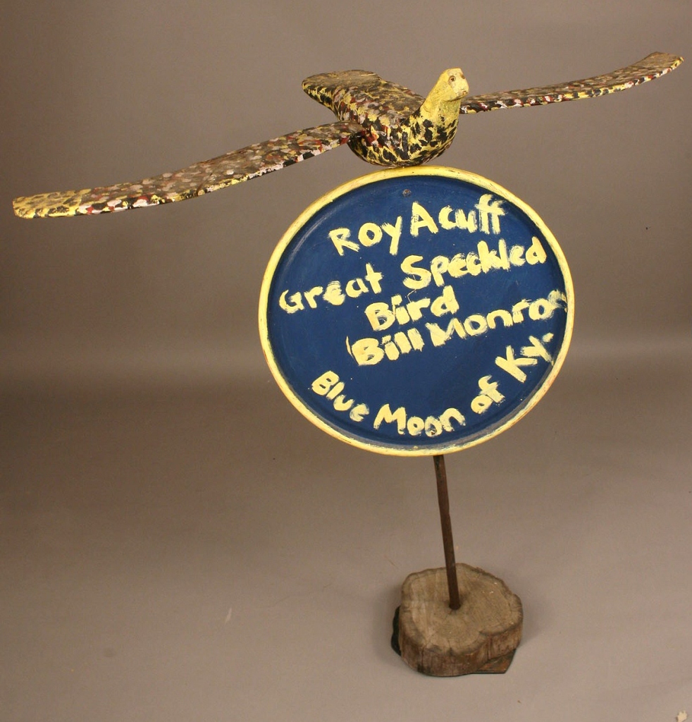 Lot 433: Folk art bird sculpture, tribute to Roy Acuff /Bil