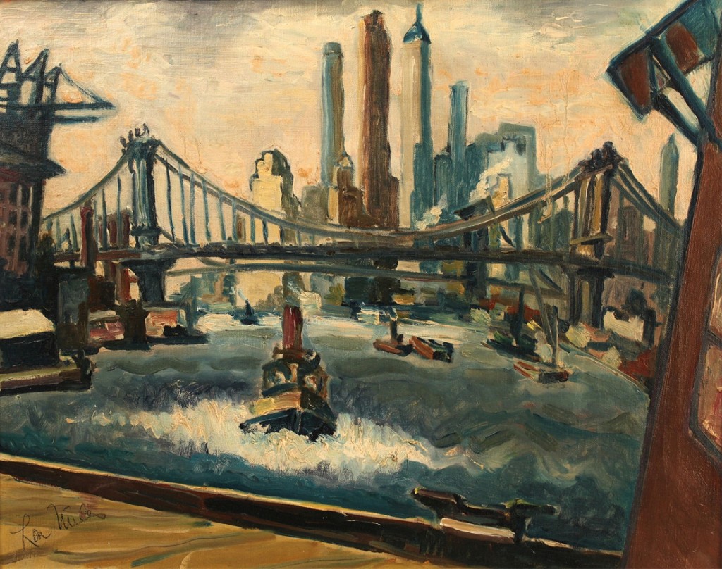 Lot 444: Lou Miles oil on canvas, NY Harbor Scene, 1932