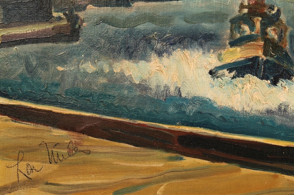 Lot 444: Lou Miles oil on canvas, NY Harbor Scene, 1932
