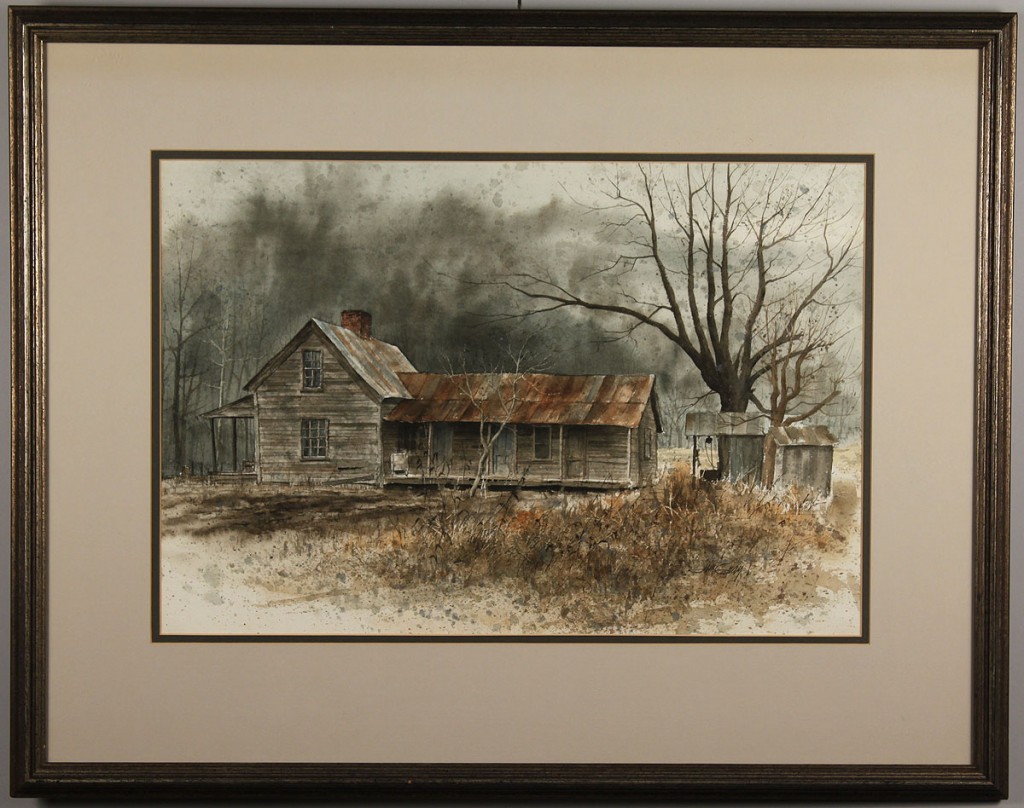 Lot 485: Jim Gray watercolor, Rural Farmhouse in Winter