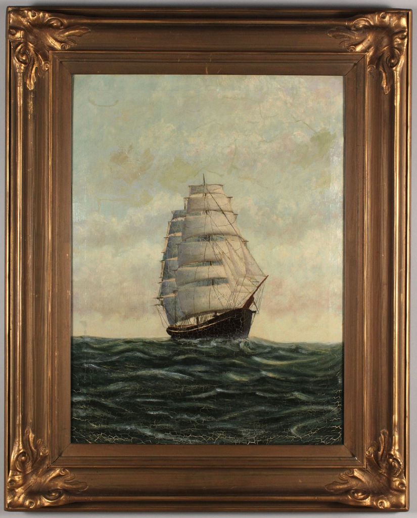 Lot 499: Oil on canvas ship portrait, Two-Masted Schooner